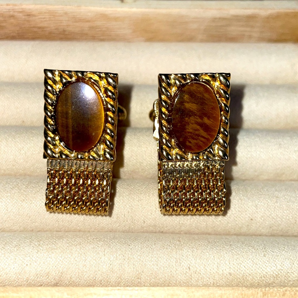 Vintage Genuine Tigers Eye Gemstone Cuff Links. - Picture 1 of 8